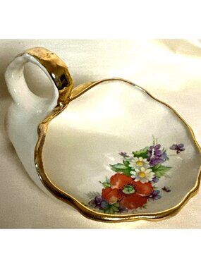 Retro Nappy Glass Trinket Open Holder Catch-All Poppy Wildflowers Vintage